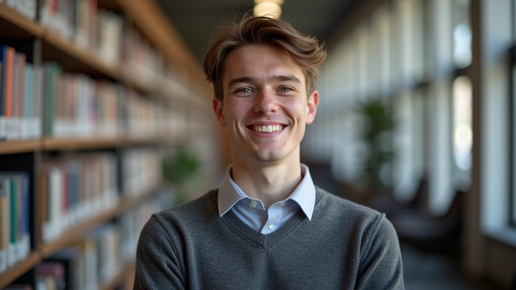 Selvtillidsfull studerende i universitetsbibliotek med stabelede biler bag sig