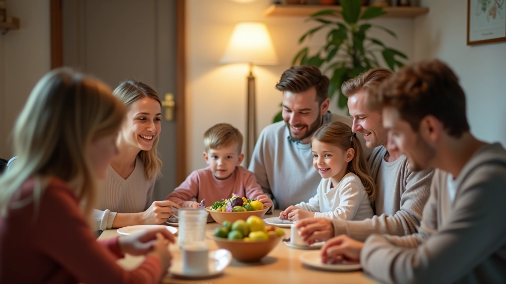 Familie samlet omkring middagsbord med flere generationer til stede og deler måltid og samtale
