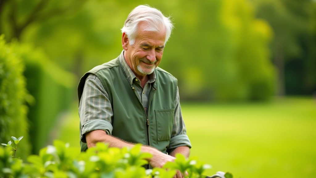 Pensioneret mand i have arbejder med blomster viser engagement og aktivitet