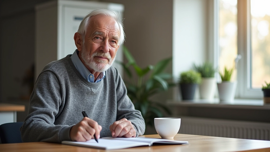 Pensioneret mand sitter ved skrivebord med notesbog og arbejder på projekt fra hjemmet