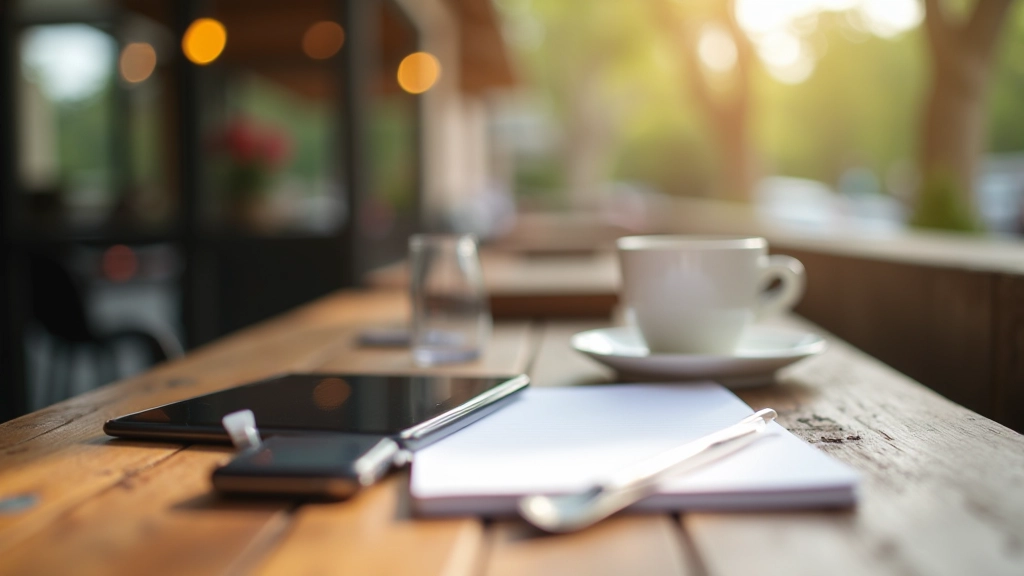 Tablet og papir på café bord viser mobile arbejde