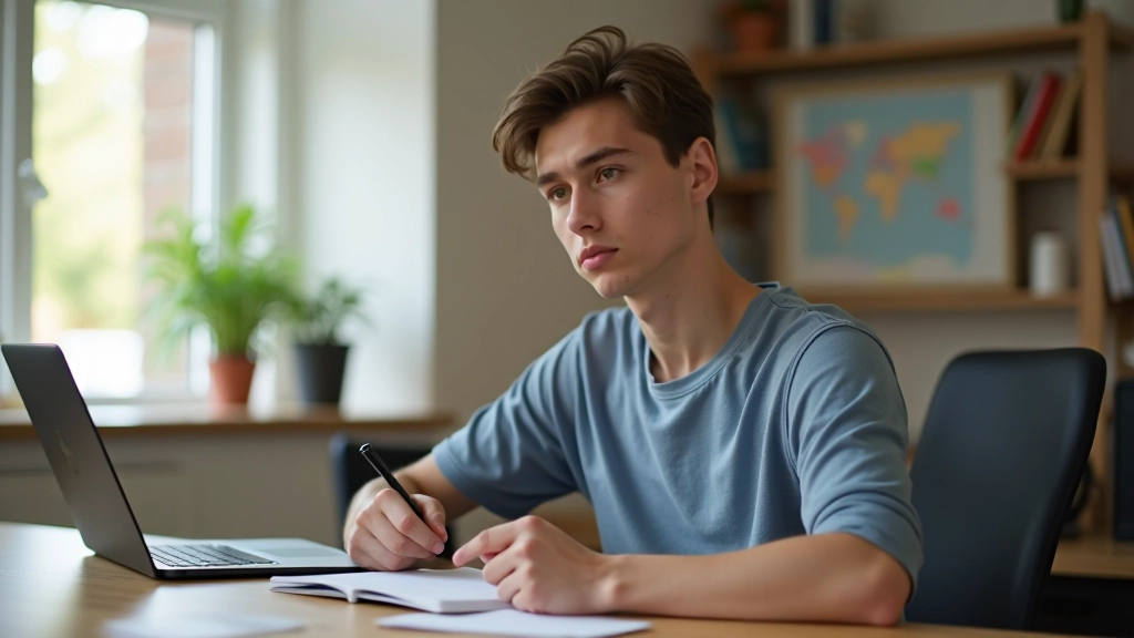 Studerende ved skrivebord med laptop og notesbog arbejder fokuseret