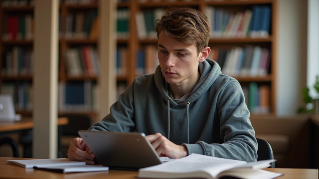 Ung studerende ved bibliotekskrivebord med bøger og tablet viser fokus