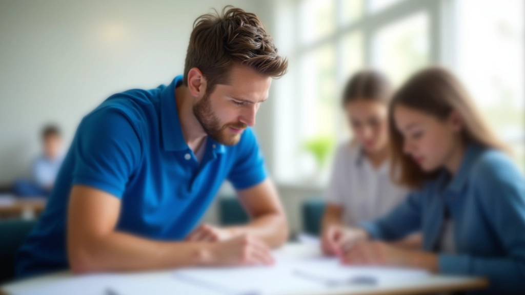 Vejleder forklarer matematik til elev ved hvidt bord med materialer