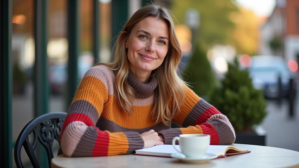 Kvinde ved cafe bord med notesbog og kaffe viser et lykkeligt udtryk